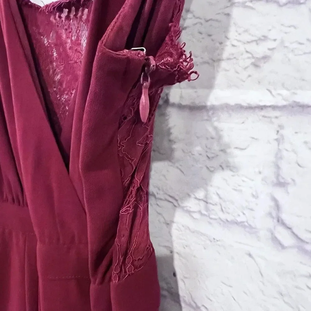 Lulu’s Women's Burgundy Kiska Lace Back Wide Leg Jumpsuit side Pockets Medium - Picture 9 of 16